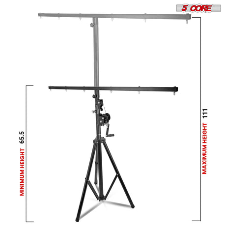 5Core DJ Light Stand Stage Lighting Truss System Hand Crank Up Portable Heavy Duty Height Adjustable 65.5 to 111 Inches T bar Mount for Can Lights Tall Lighting Tripod Floor LS 120 Crank