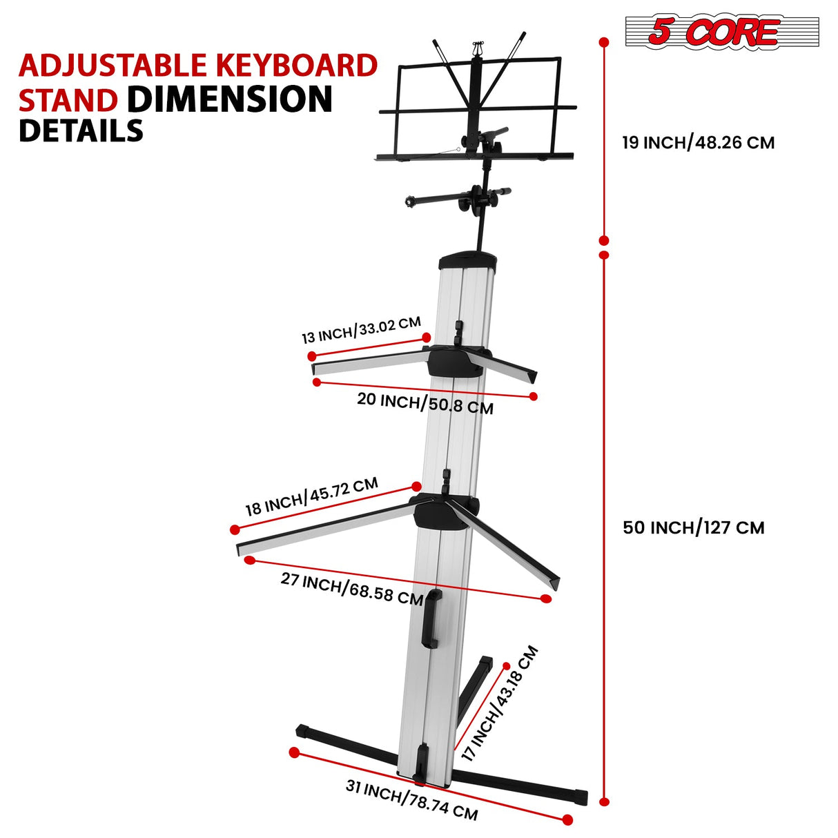 5Core Keyboard Stand 2 Tier Classic Adjustable Electric Piano Sturdy Holder SILVER