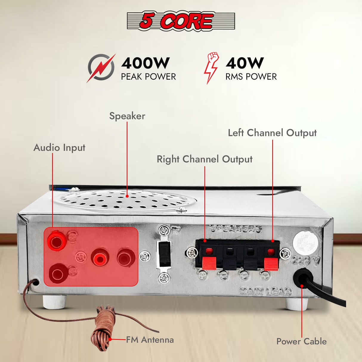 5Core Amplifier Home Audio 400W in-Built Speaker Mini Stereo Dual Channel LCD