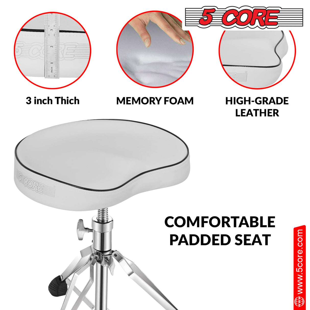 5Core Drum Throne Padded Guitar Stool Saddle Drummer Seat for Adults & Kids WHITE