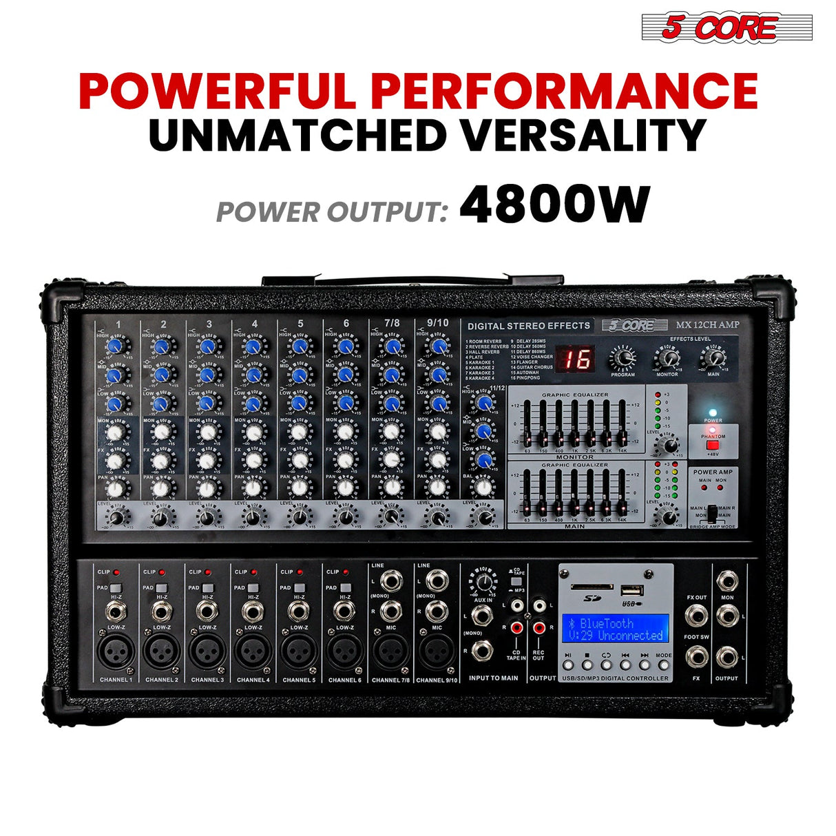 5Core Audio Mixer 4800W Powered 12 Channel 240V Mixer System USB MP3 Bluetooth SD readers Digital LCD Display