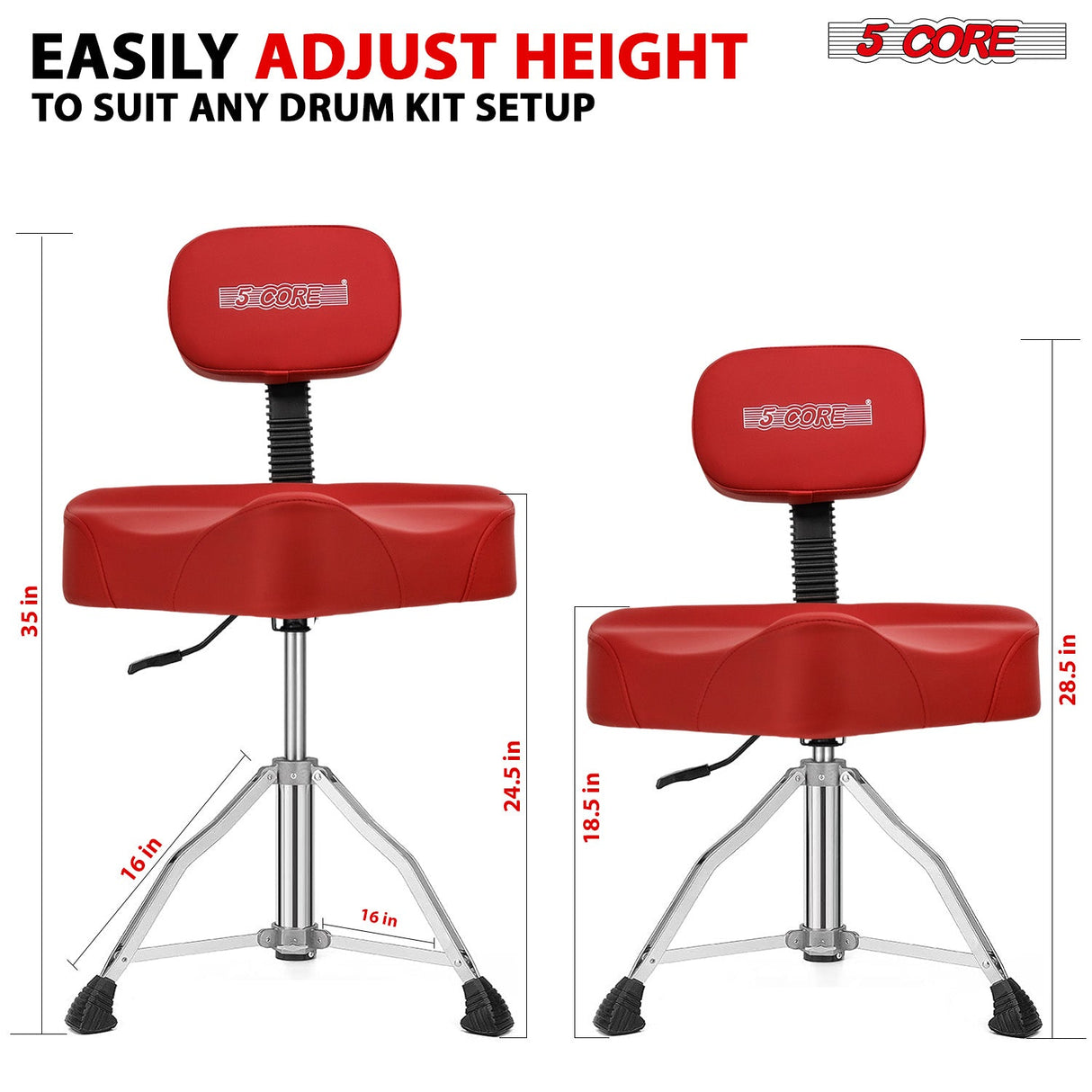 5Core Drum Throne Padded Guitar Stool Backrest Drummer Seat for Adults And Kids RED