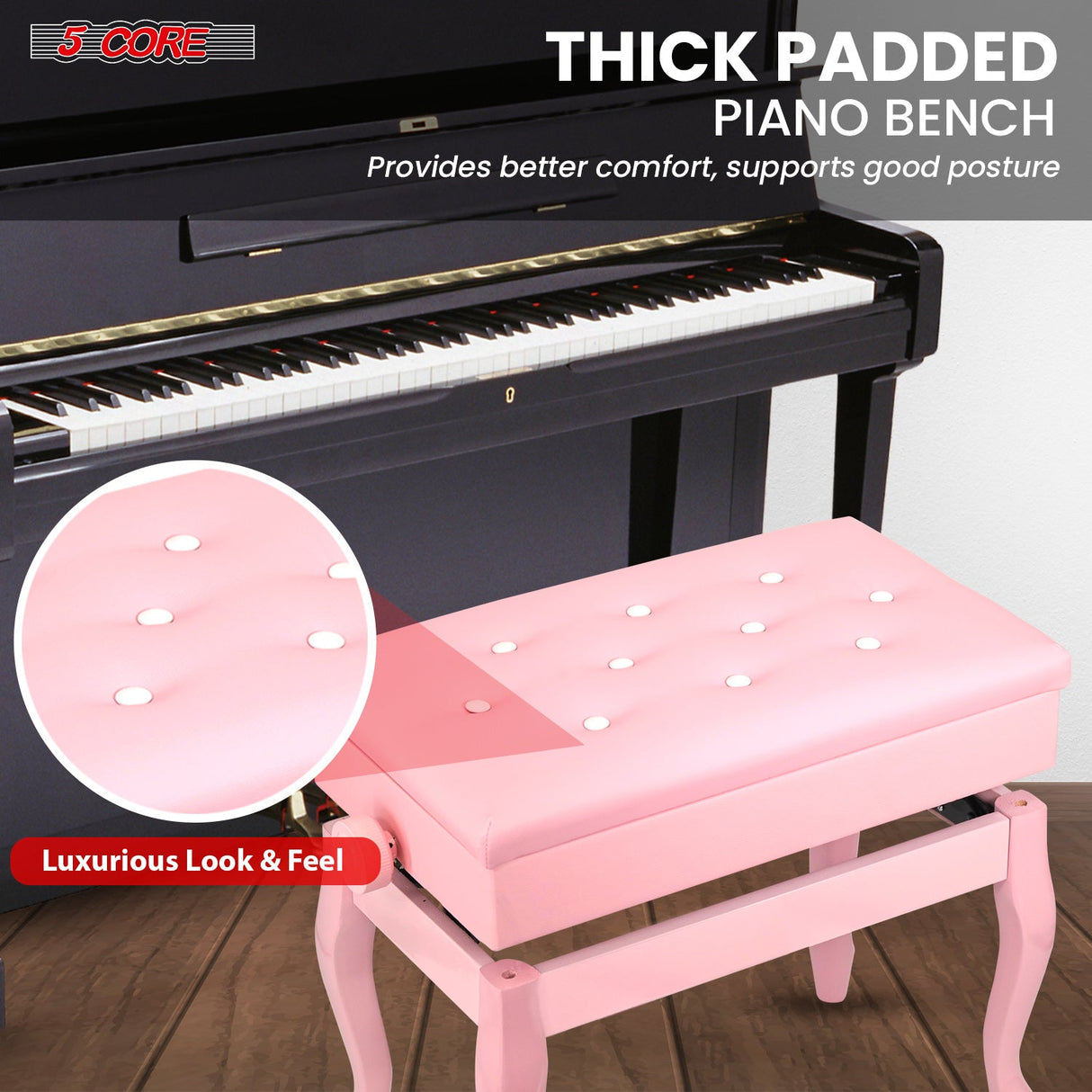 5 Core Piano Bench Wooden Height Adjustable Stool Heavy Duty Keyboard Seat with Storage PINK