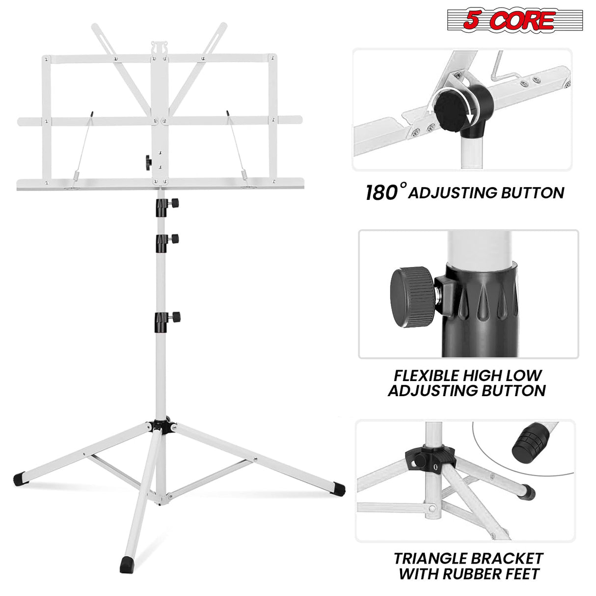 5Core Music Stand For Sheet Music Portable Tripod Adjustable Folding Note Holder Higher White