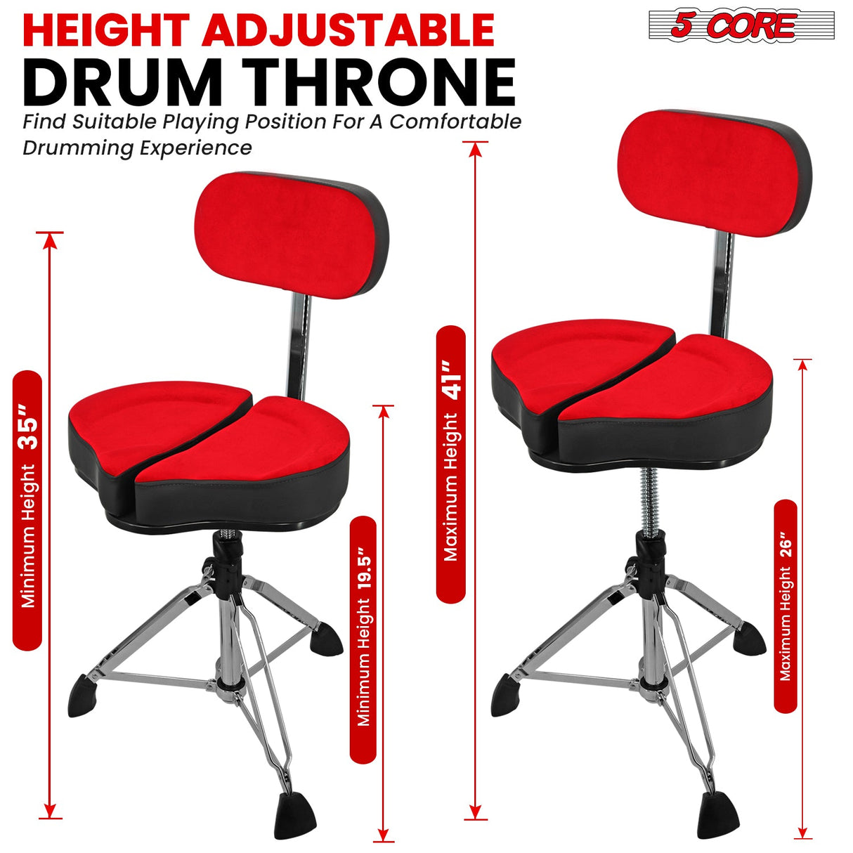 5Core Drum Throne Padded Guitar Stool Backrest Drummer Seat for Adults & Kids