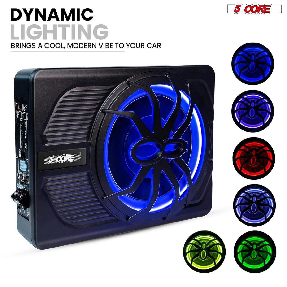 5CORE 10 inch Slim Under Seat Car Audio Subwoofer 800W Peak 150W RMS Active Powered Under-Seat Built in Amplifier Truck Sub Woofer in Enclosure Box Blue Ambient LED Light + Wiring Kit & Remote Control