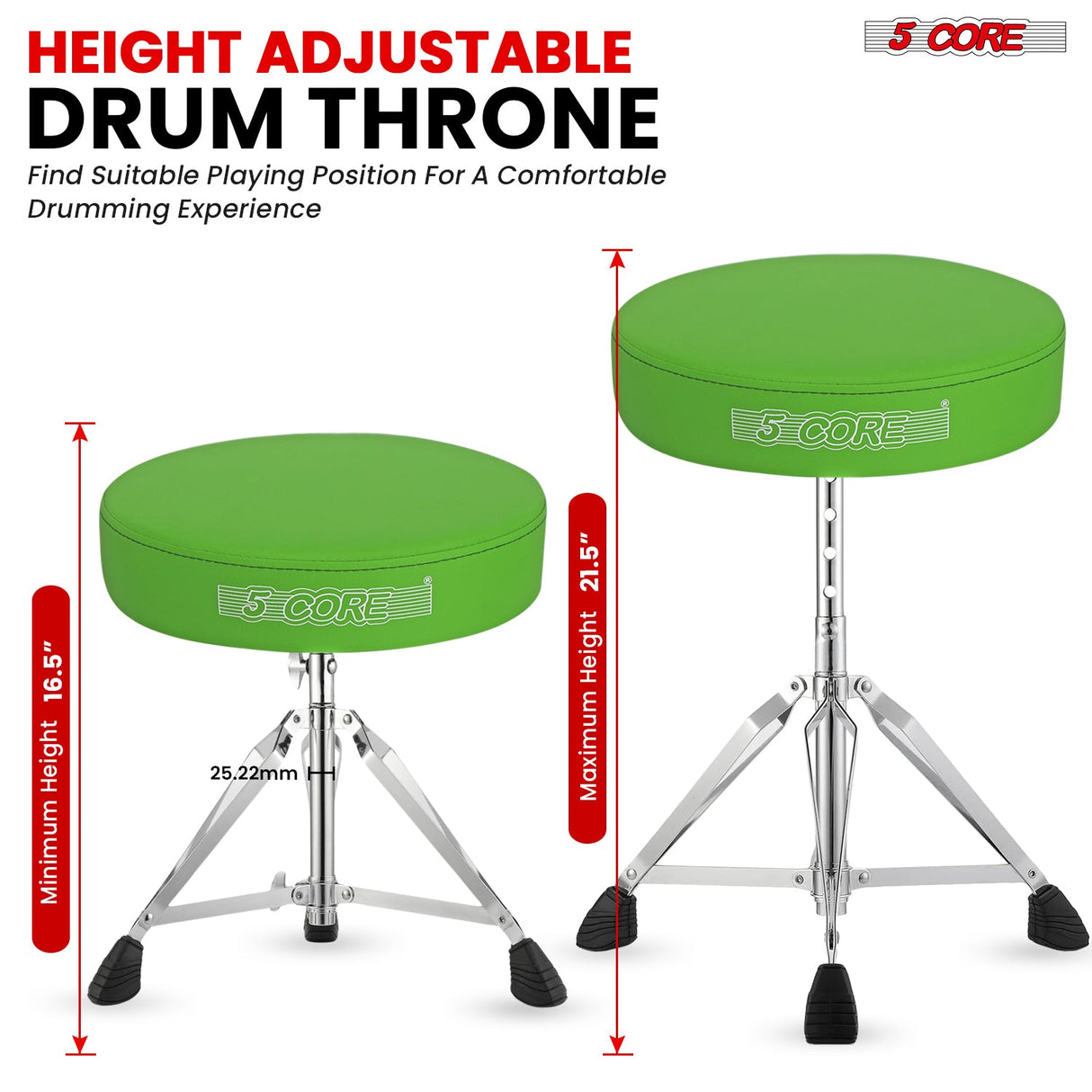 5Core Drum Throne Padded Adjustable Guitar Stool Drummer Seat for Adults & Kids GREEN