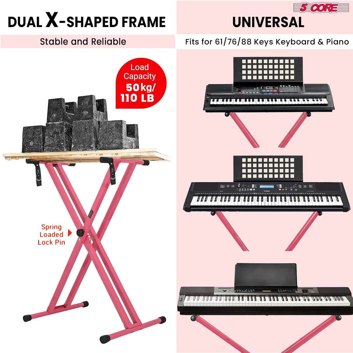 5Core Keyboard Stand Double X Style Adjustable Lift Piano Riser For 49 To 88 Keys BABY PINK