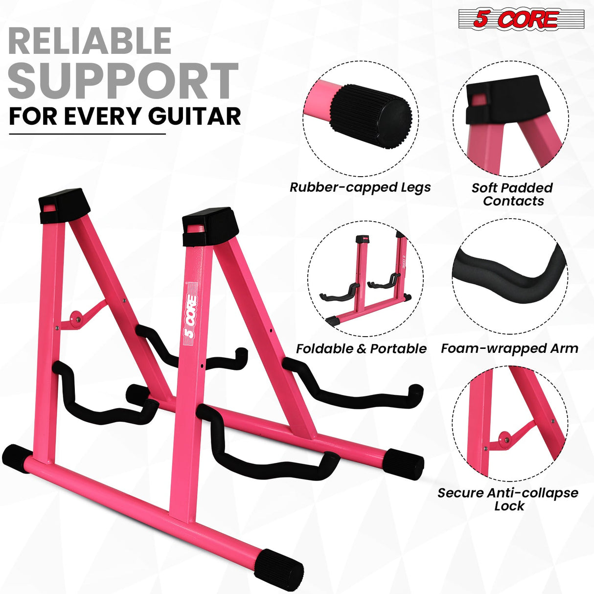 5Core Double Guitar Stand Floor Adjustable A Frame Folding Acoustic Electric Guitars Holder Stands