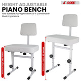 5 CORE Piano Bench Height Adjustable Keyboard Stool Stool Heavy Duty Thick Padded Cushioned Seat with Backrest White