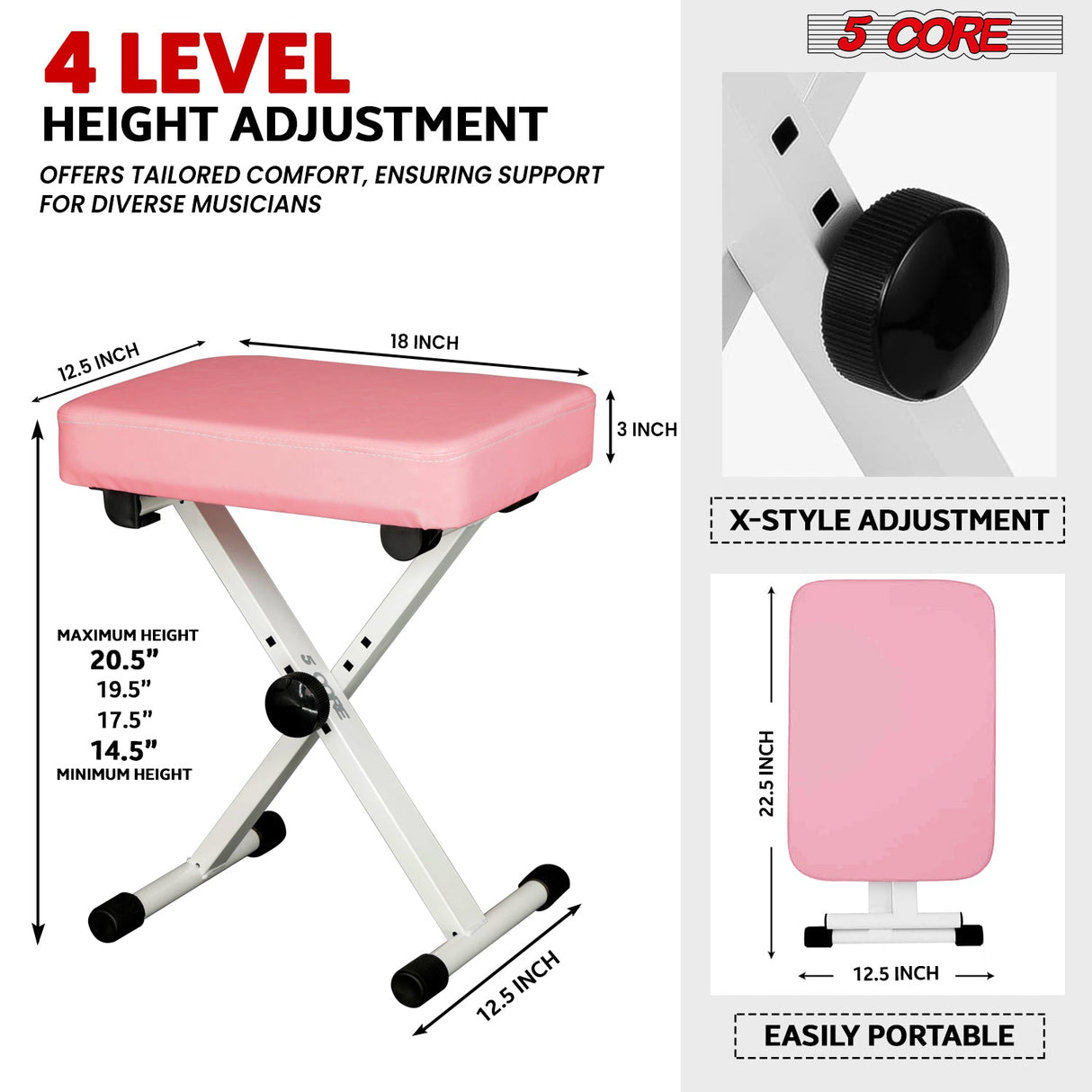 5Core Keyboard Stand Double X Style Adjustable Piano Riser + Keyboard Piano Bench PINK