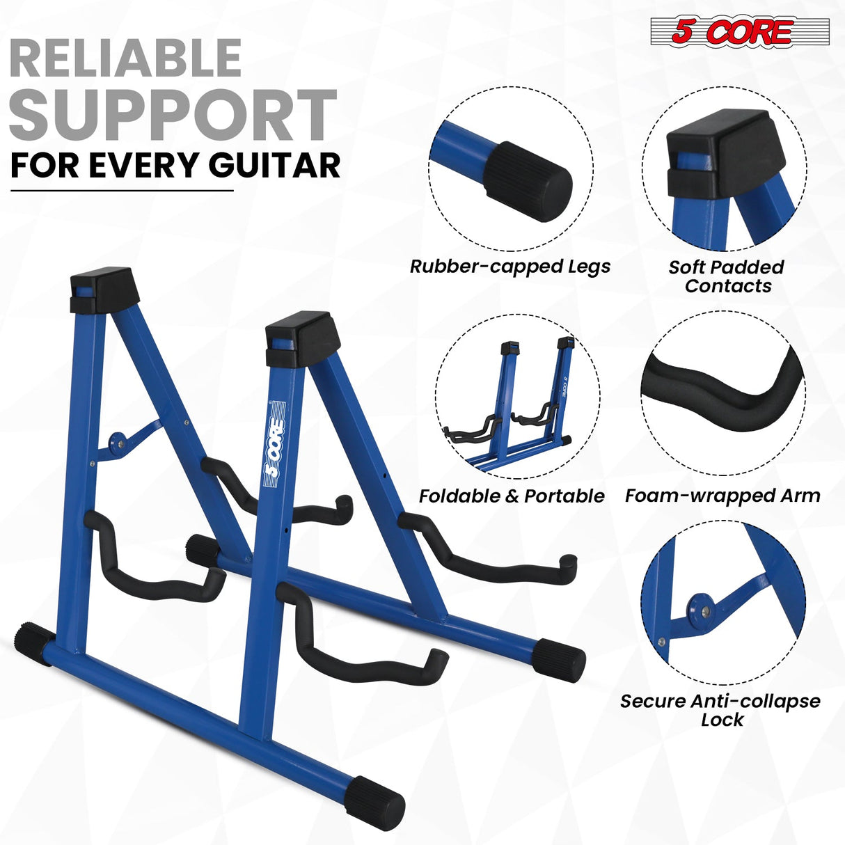 5Core Double Guitar Stand Floor Adjustable A Frame Folding Acoustic Electric Guitars Holder Stands