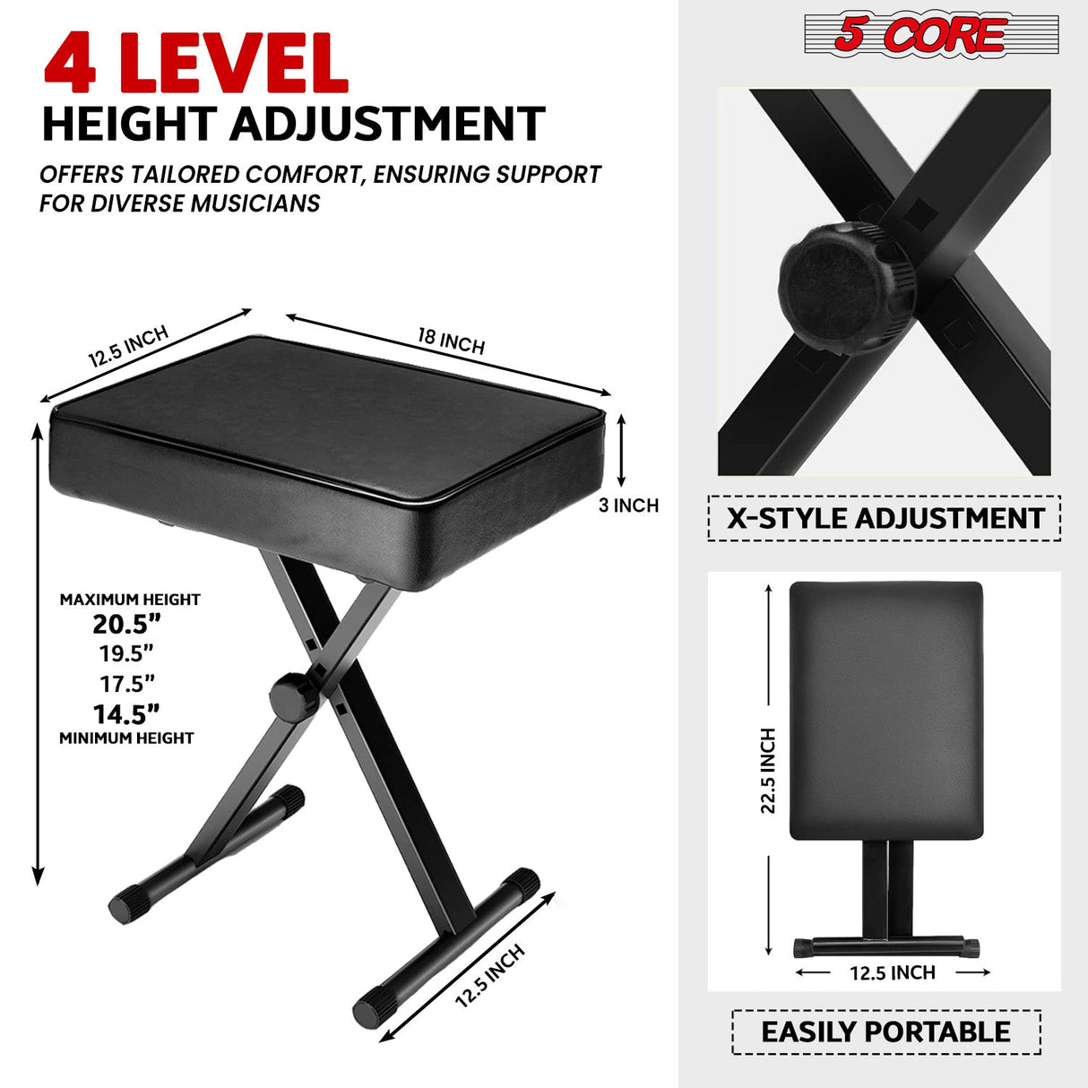 5Core Keyboard Stand Double X Style Adjustable Piano Riser + Keyboard Piano Bench BLACK