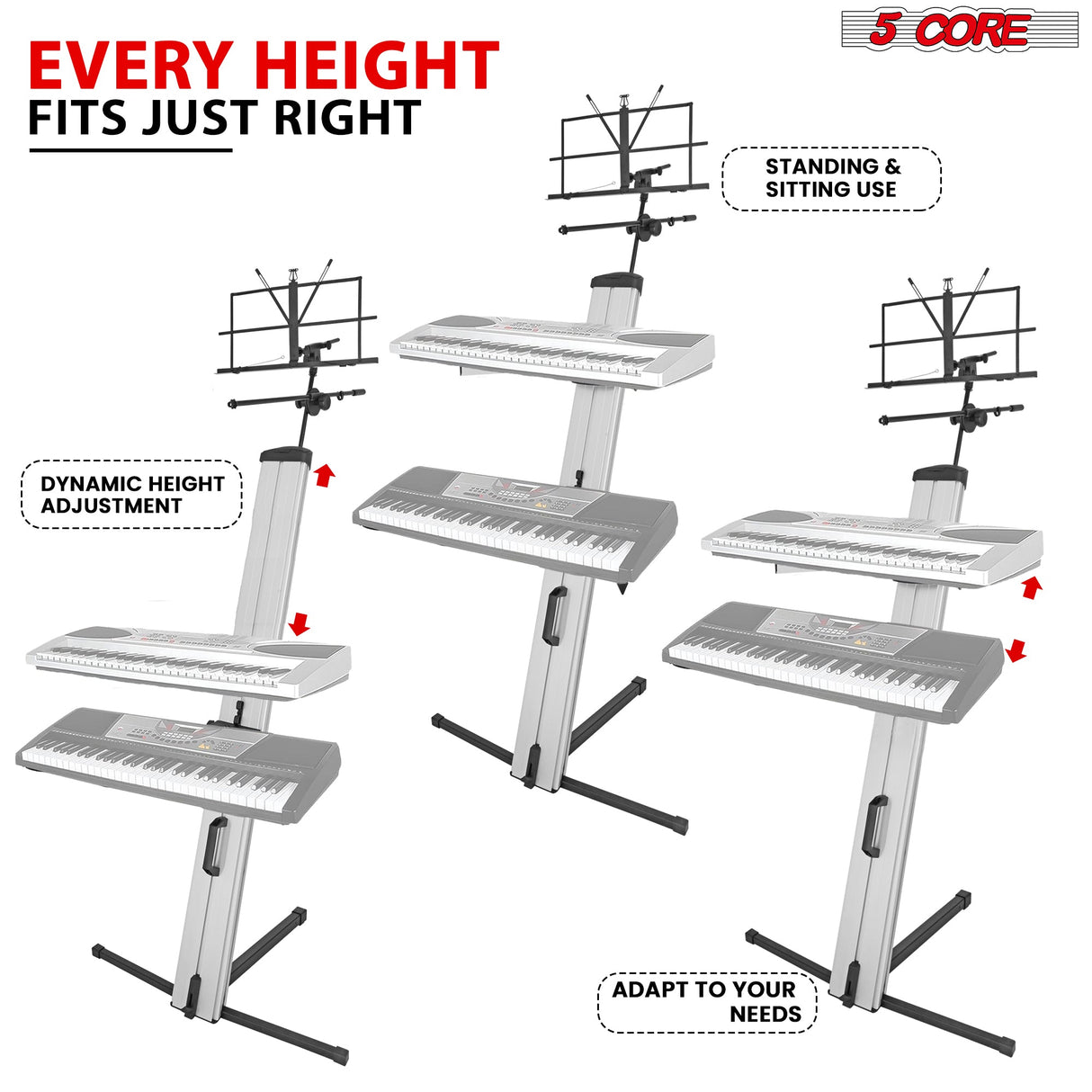 5Core Keyboard Stand 2 Tier Classic Adjustable Electric Piano Sturdy Holder SILVER