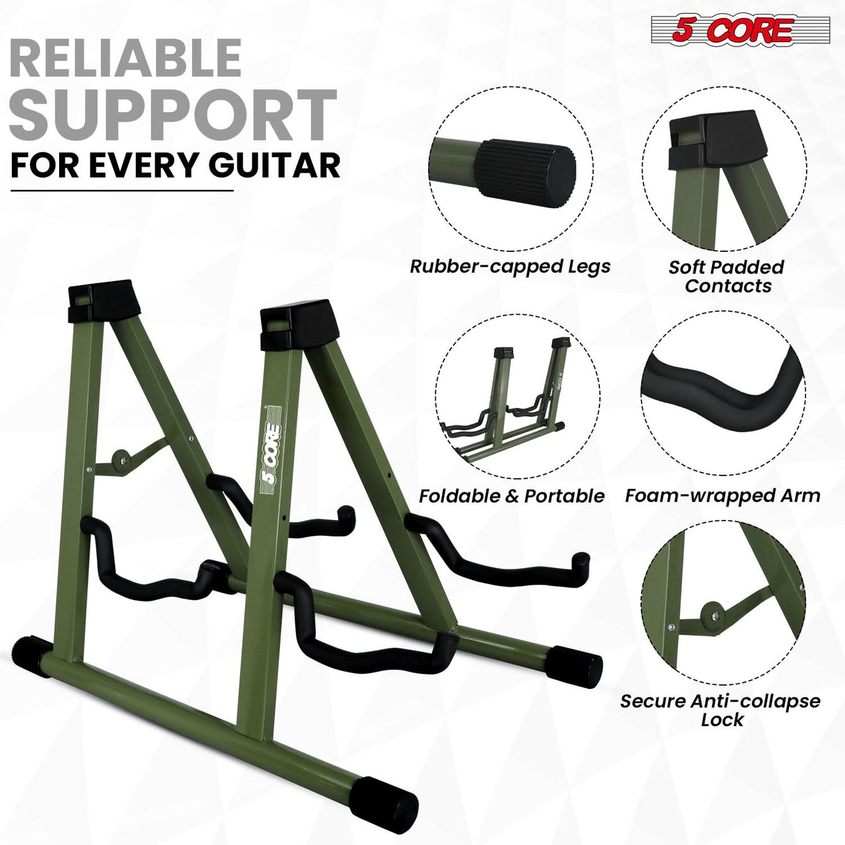 5Core Double Guitar Stand Floor Adjustable A Frame Folding Acoustic Electric Guitars Holder Stands