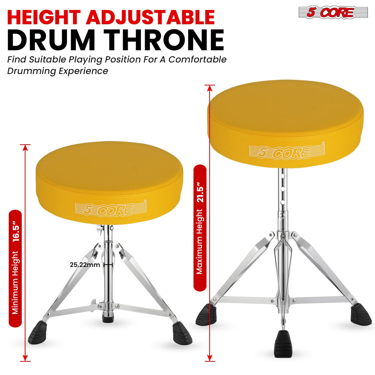 5Core Drum Throne Padded Adjustable Guitar Stool Drummer Seat for Adults & Kids YELLOW