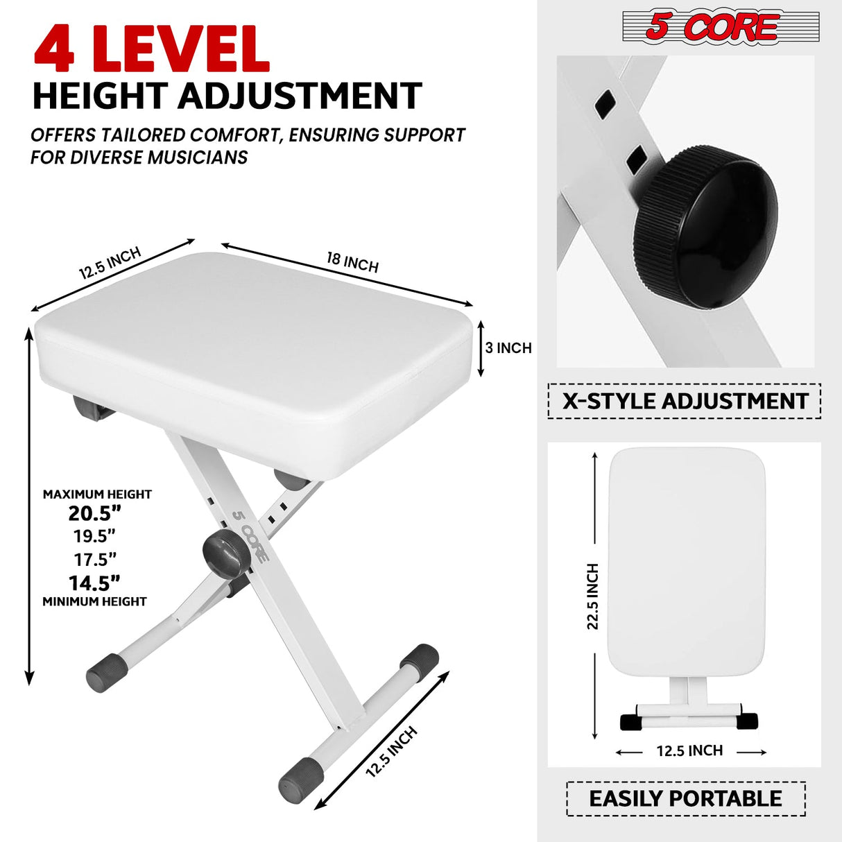 5Core Keyboard Stand Adjustable z Style Piano Riser + Keyboard Piano Bench ALL White