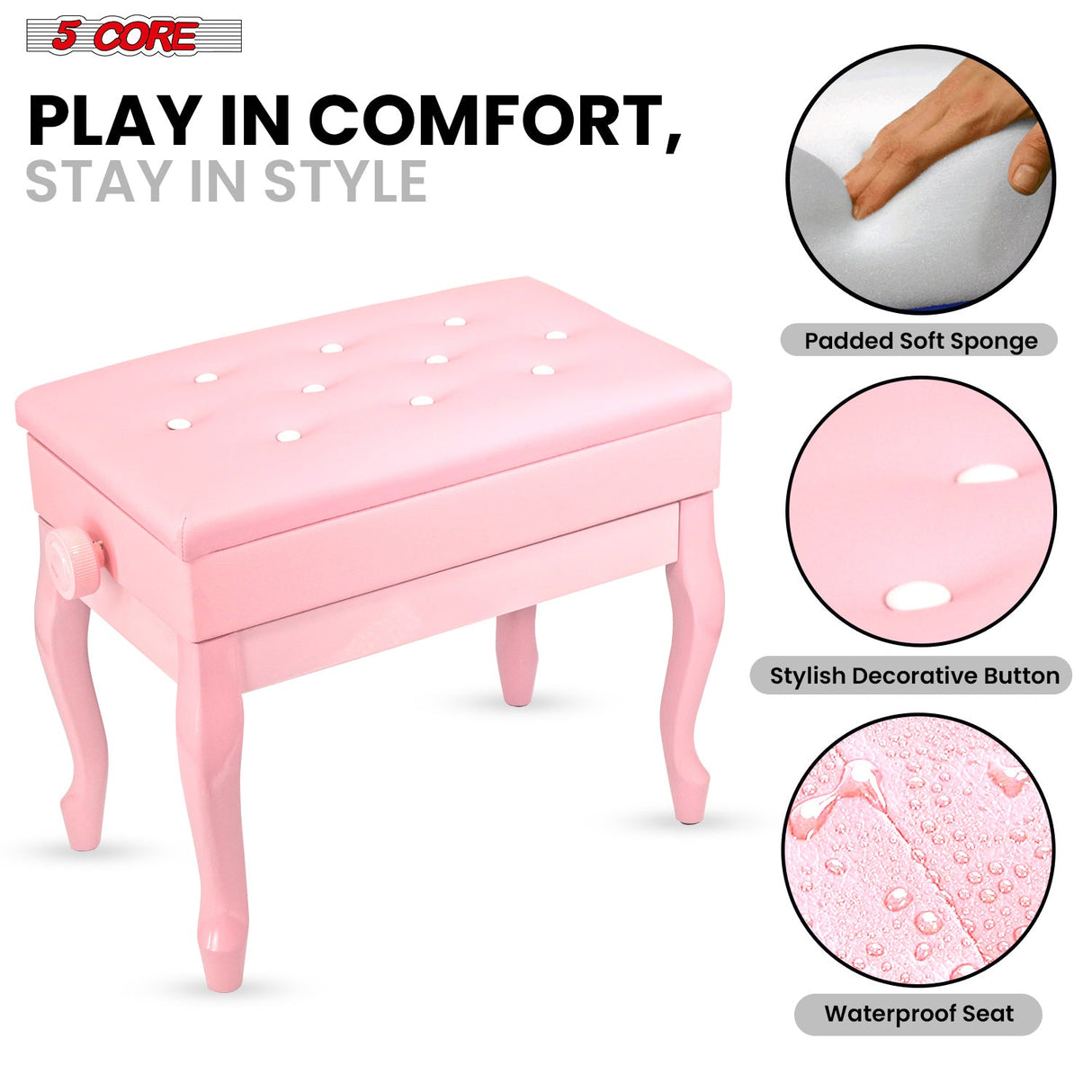 5 Core Piano Bench Wooden Height Adjustable Stool Heavy Duty Keyboard Seat with Storage PINK