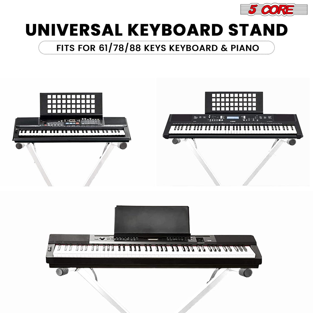 5Core Keyboard Stand Single X Style Adjustable Piano Riser + Keyboard Piano Bench