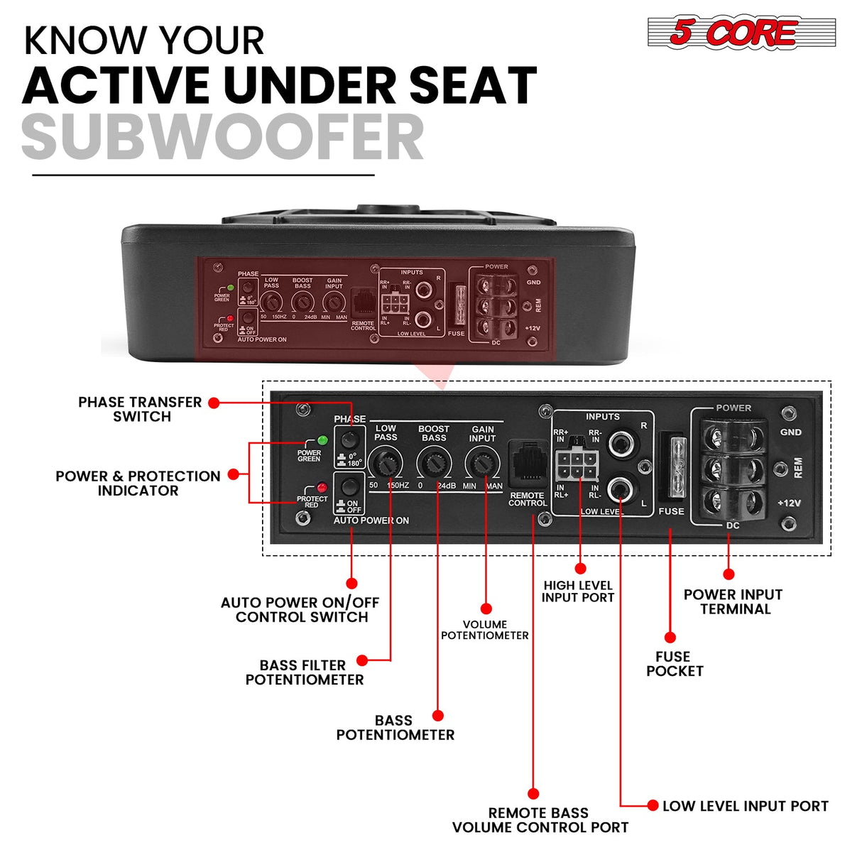 5CORE 10 inch Slim Under Seat Car Audio Subwoofer 800W Peak 150W RMS Active Powered Under-Seat Built in Amplifier Truck Sub Woofer in Enclosure Box Blue Ambient LED Light + Wiring Kit & Remote Control