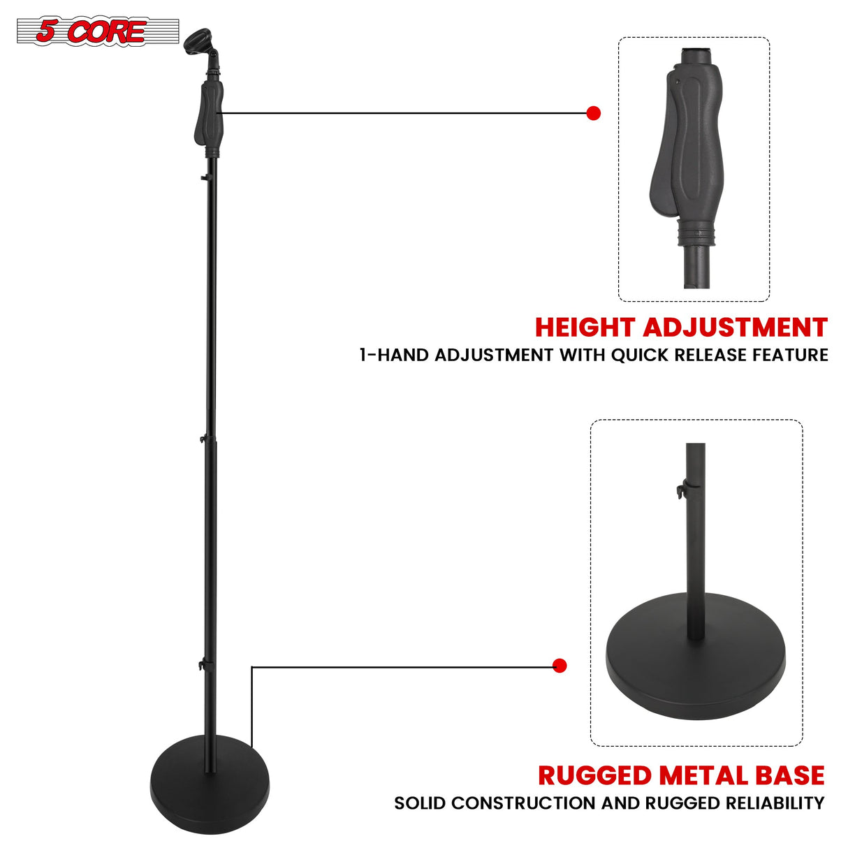 5Core Universal Microphone Stand Height Adjustable 35 to 57" Round Base Floor Mic Holder Metal Build