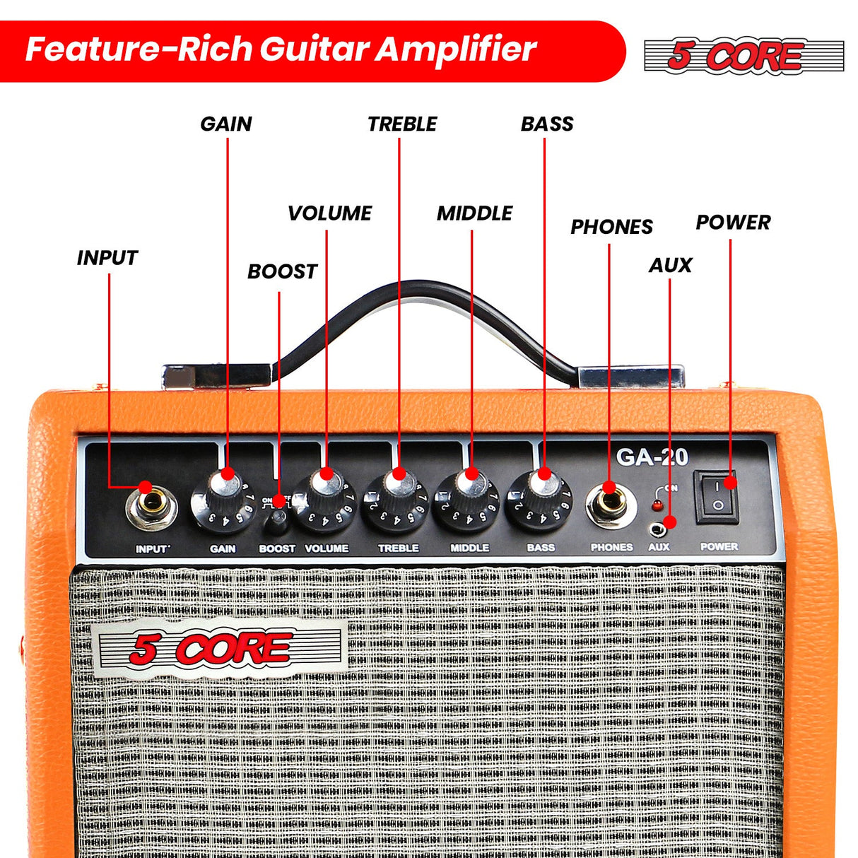 5 Core Guitar Amp 20W Electric Bass Acoustic Portable Amplifier Practice Amplificador