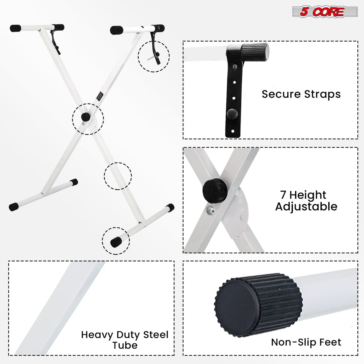 5Core Keyboard Stand Single X Style Adjustable Lift Piano Riser For 49 To 88 Keys WHITE