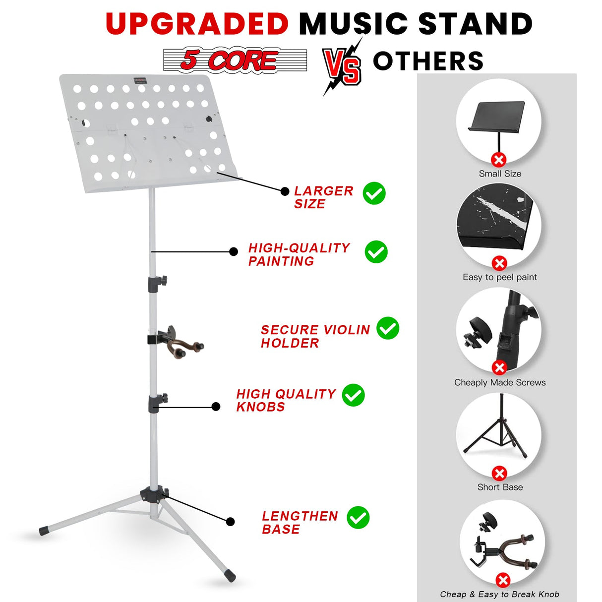 5Core Music Stand For Sheet Music Portable Tripod Adjustable Folding Note Holder White