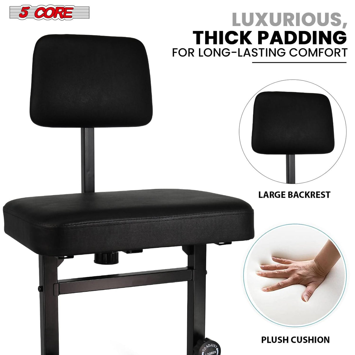 5 CORE Piano Bench Height Adjustable Keyboard Stool Stool Heavy Duty Thick Padded Cushioned Seat with Backrest Black