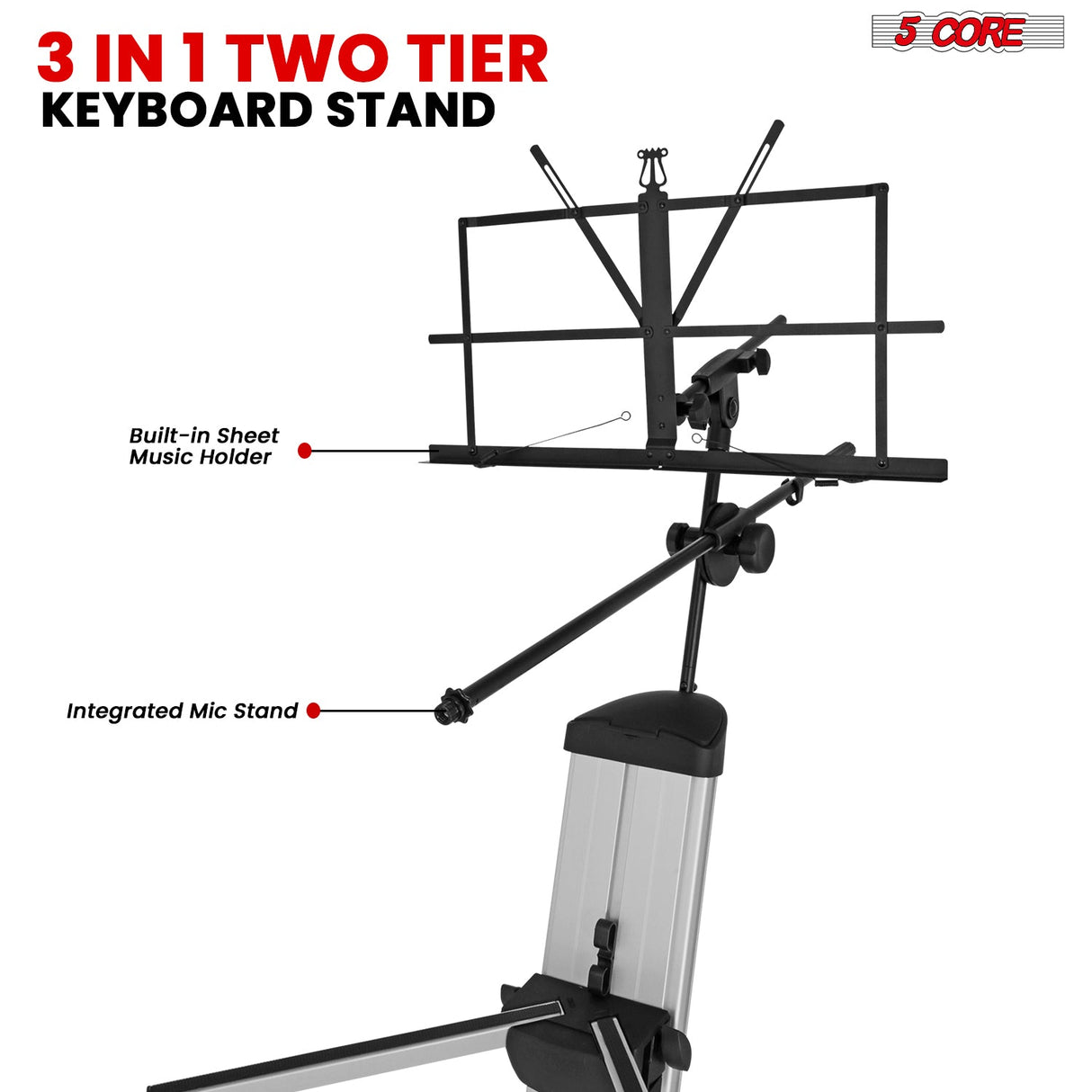 5Core Keyboard Stand 2 Tier Classic Adjustable Electric Piano Sturdy Holder SILVER