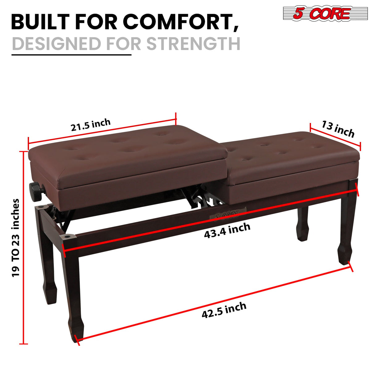 5CORE Duet Piano Bench w Storage For Two Wooden Adjustable Keyboard Stool - Adults & Kids