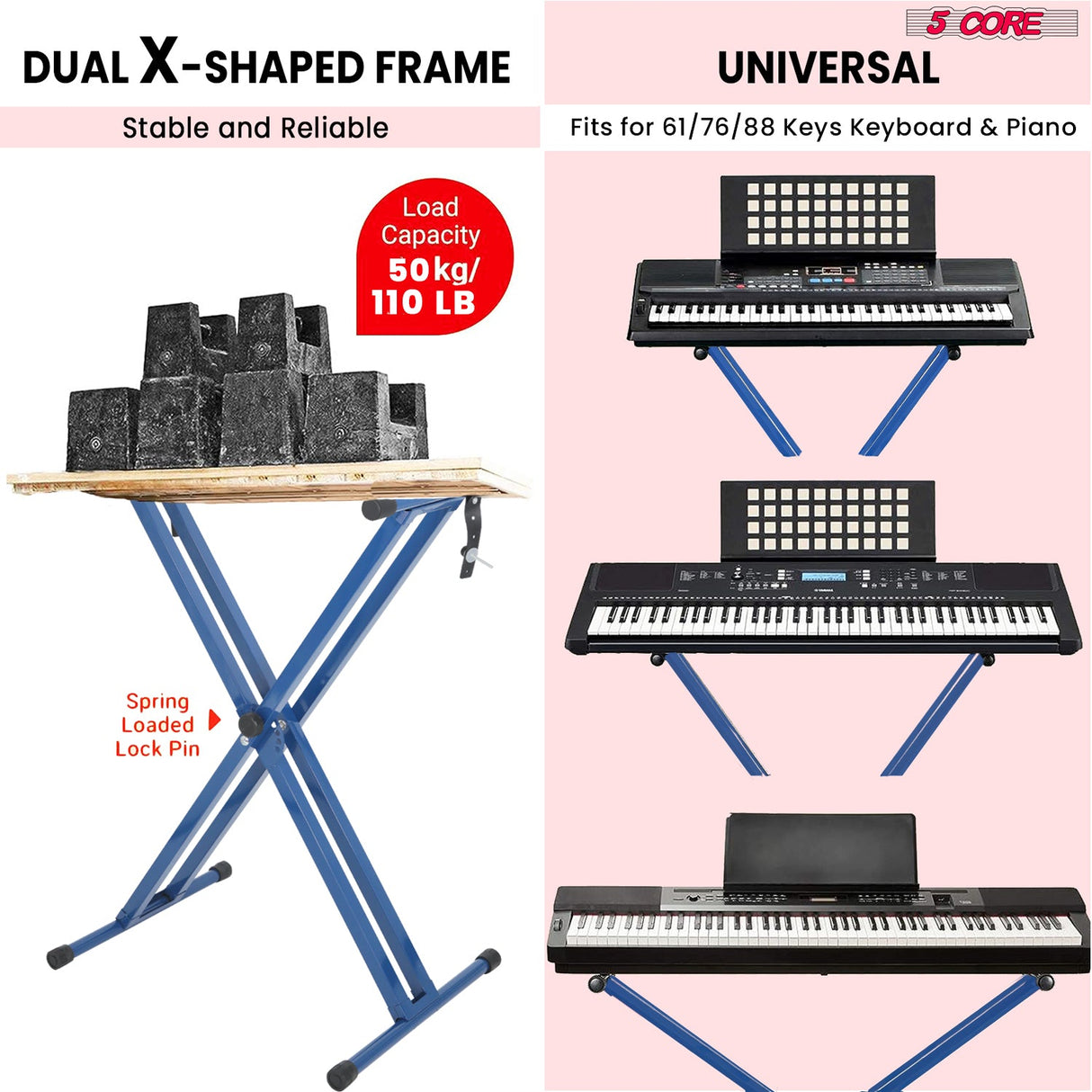 5Core Keyboard Stand Double X Style Adjustable Piano Riser BLUE + Keyboard Piano Bench BLACK