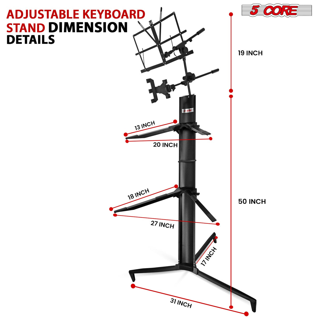 5Core Keyboard Stand 2 Tier Classic Adjustable Electric Piano Sturdy Holder BLACK