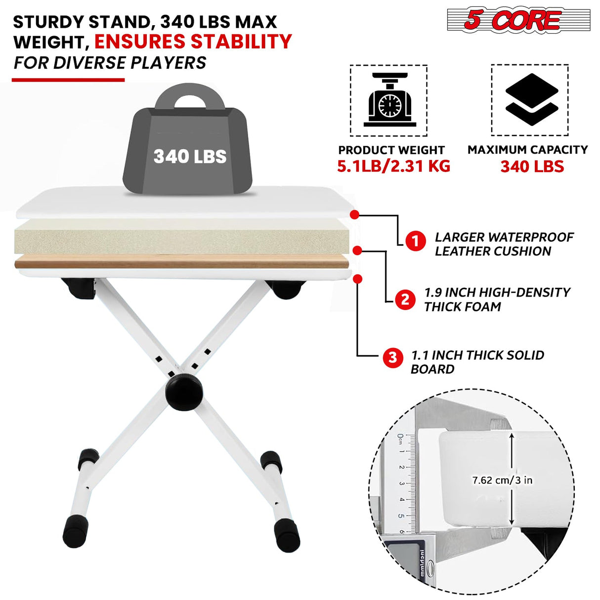 5Core Keyboard Stand Adjustable z Style Piano Riser + Keyboard Piano Bench ALL White