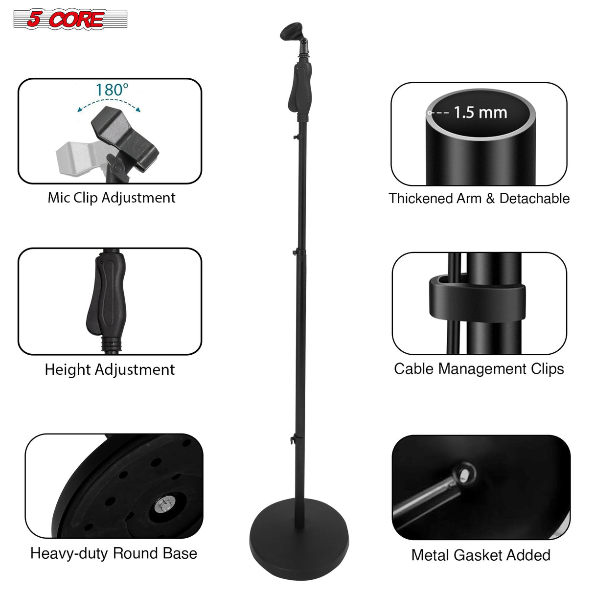 5Core Universal Microphone Stand Height Adjustable 35 to 57" Round Base Floor Mic Holder Metal Build