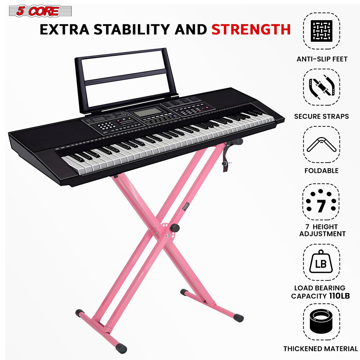 5Core Keyboard Stand Double X Style Adjustable Lift Piano Riser For 49 To 88 Keys BABY PINK