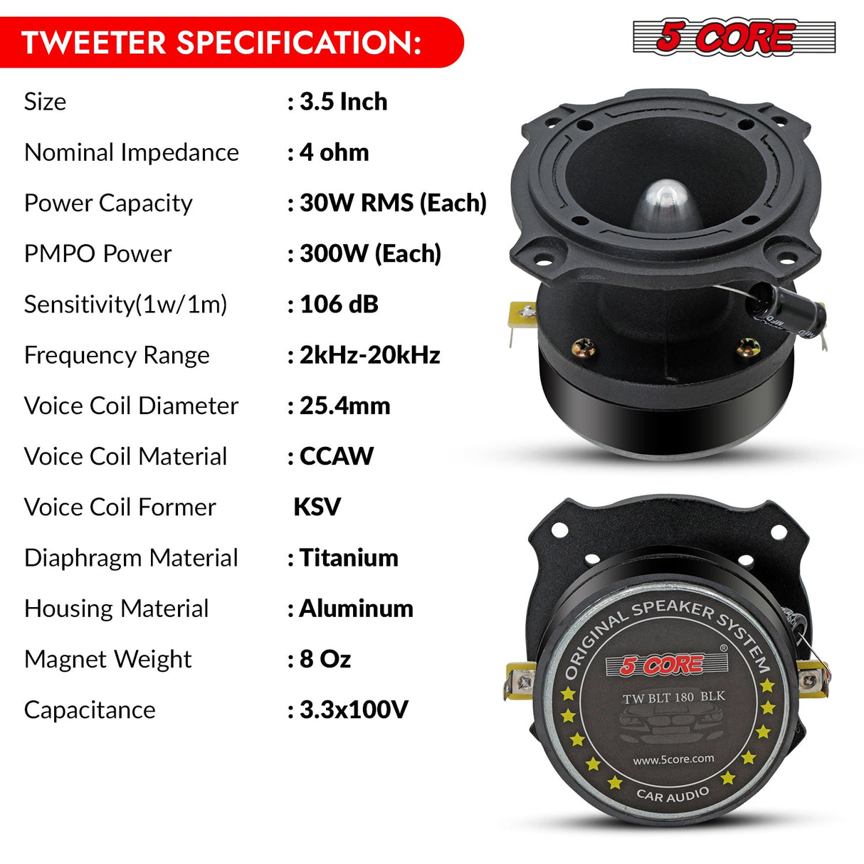 5Core Tweeters Speakers Car Audio Pair 600W Peak 3.5 Inch Super Bullet Tuiters Para Sonido Para Carro