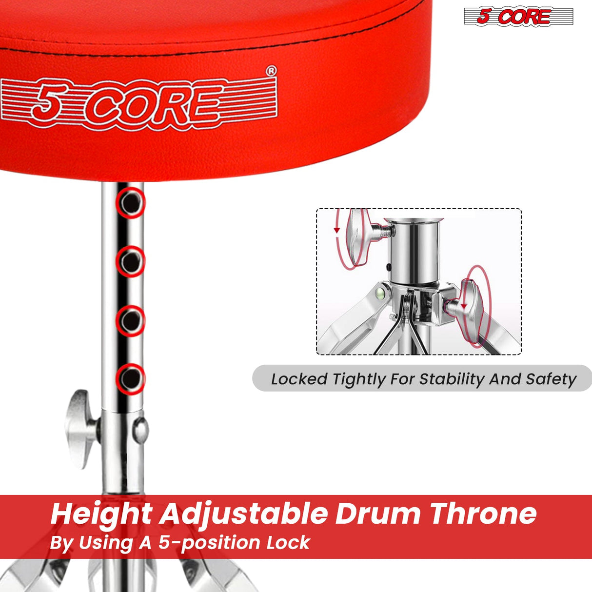 5Core Drum Throne Padded Adjustable Guitar Stool Drummer Seat for Adults & Kids RED