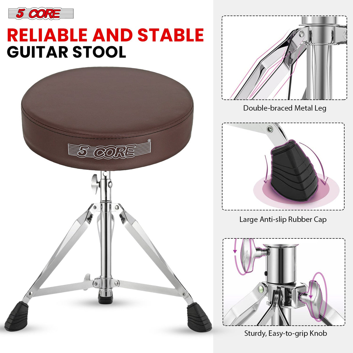 5Core Drum Throne Padded Adjustable Guitar Stool Drummer Seat for Adults & Kids BROWN