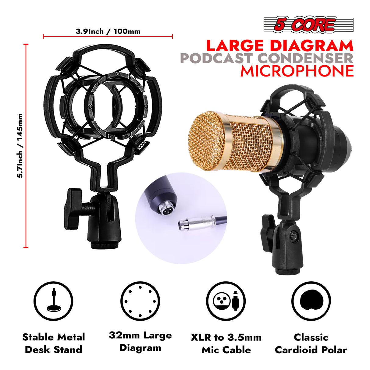 5Core Recording Microphone Podcast Bundle Professional Condenser Cardioid Mic Kit w Boom Arm