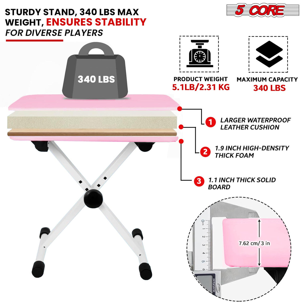 5Core Keyboard Stand Double X Style Adjustable Piano Riser + Keyboard Piano Bench PINK