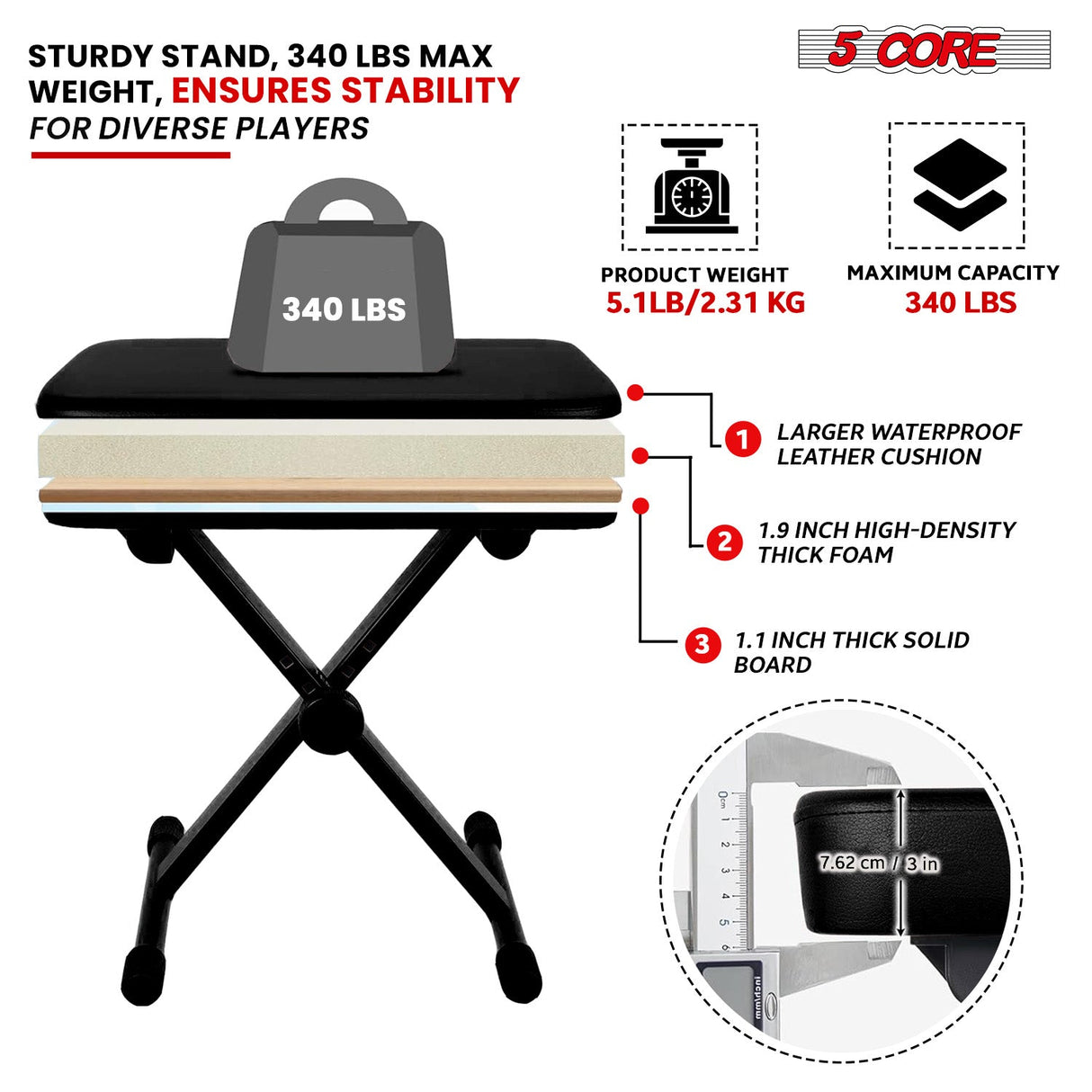 5Core Keyboard Stand Adjustable z Style Piano Riser + Keyboard Piano Bench BLACK