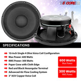 5 CORE 10 Inch Subwoofer Speaker 600W Max 4 Ohm Full Range Replacement DJ Bass Loudspeaker