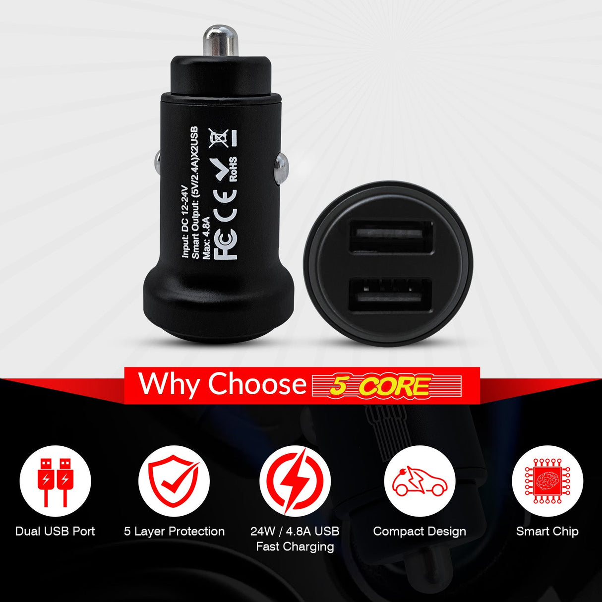 5Core Car Charger USB Type C Adapter 24W Fast Charging Anker Outlet