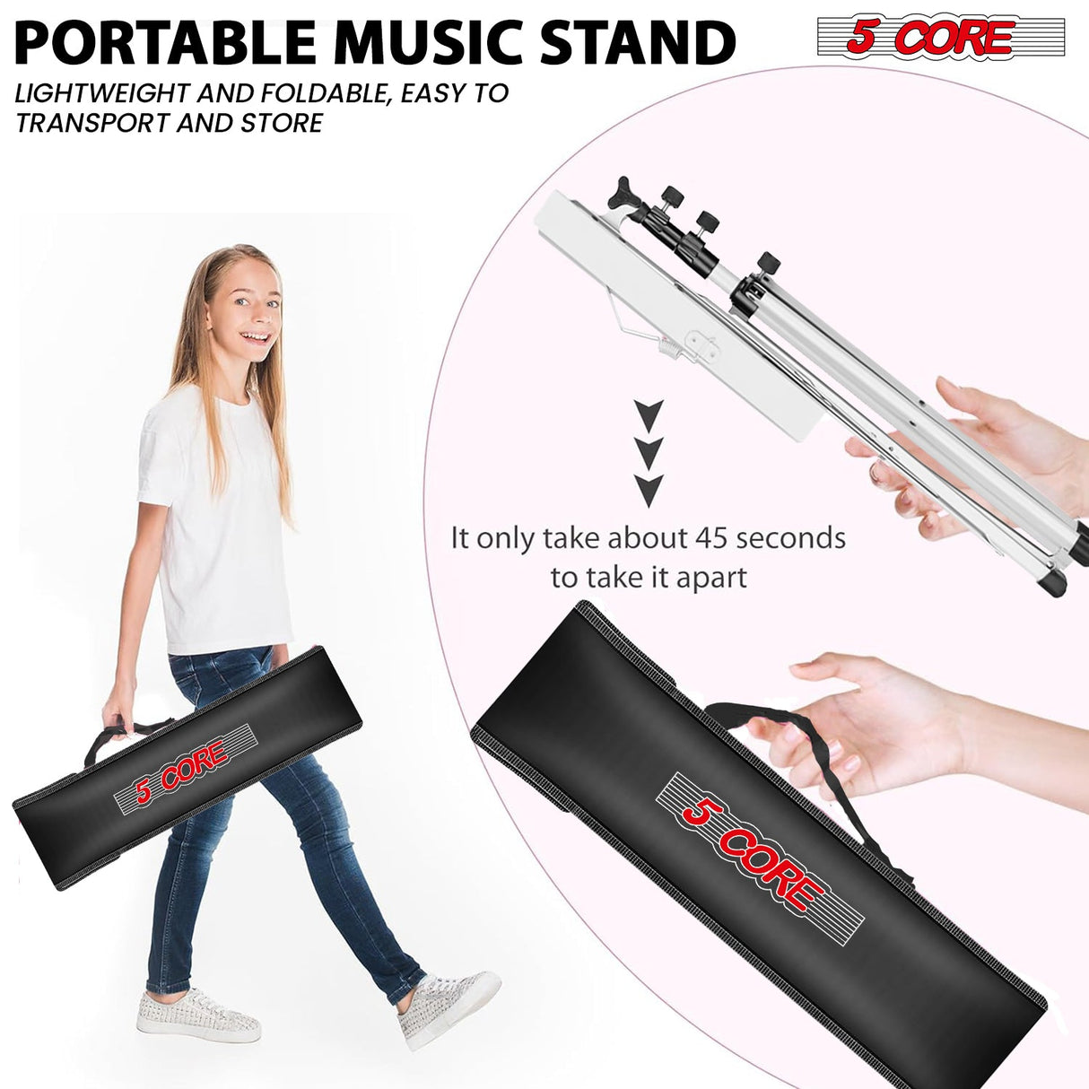 5Core Music Stand For Sheet Music Portable Tripod Adjustable Folding Note Holder With Light White