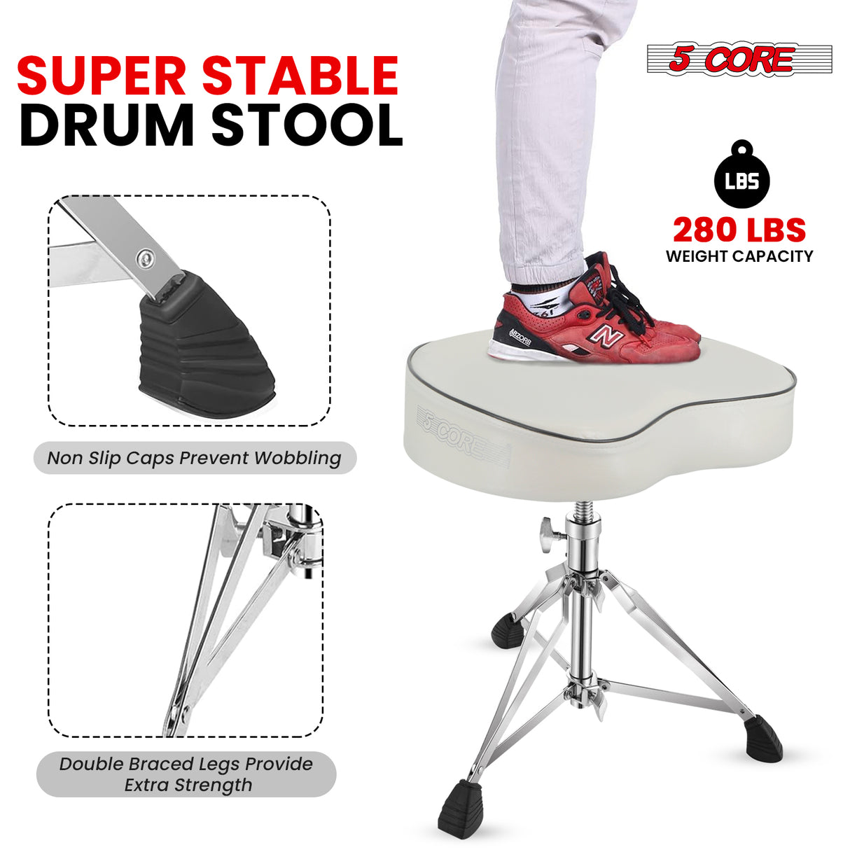 5Core Drum Throne Padded Guitar Stool Saddle Drummer Seat for Adults & Kids WHITE