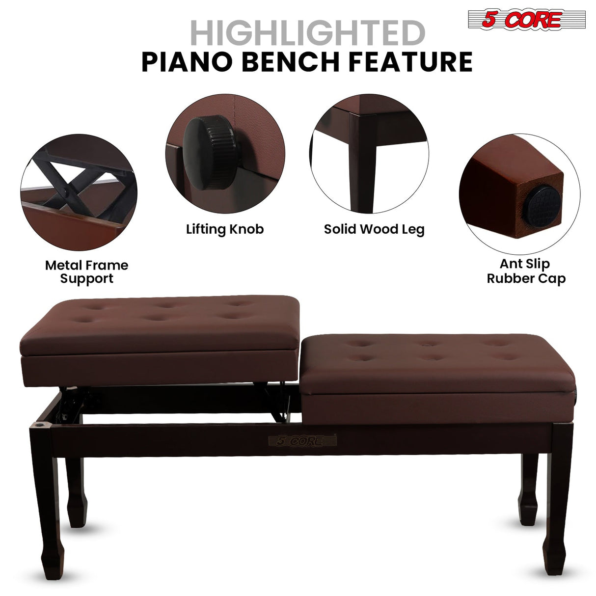 5CORE Duet Piano Bench w Storage For Two Wooden Adjustable Keyboard Stool - Adults & Kids