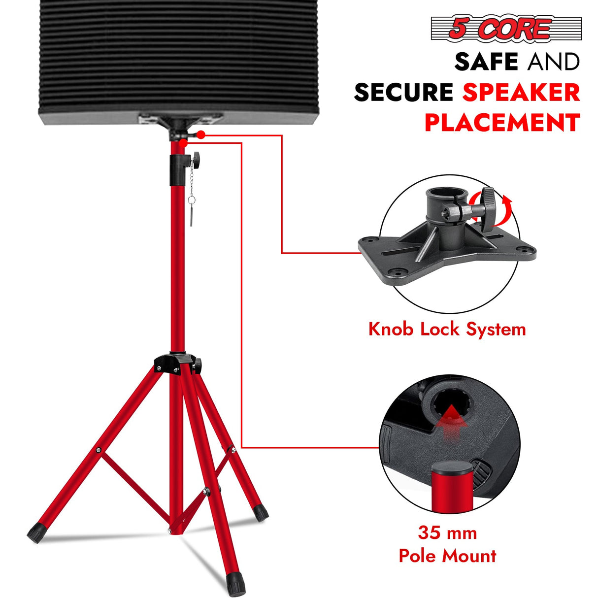 5Core Speaker Stand Tripod Tall Adjustable 72 Inch DJ Pole Mount Studio Monitor Stands RED