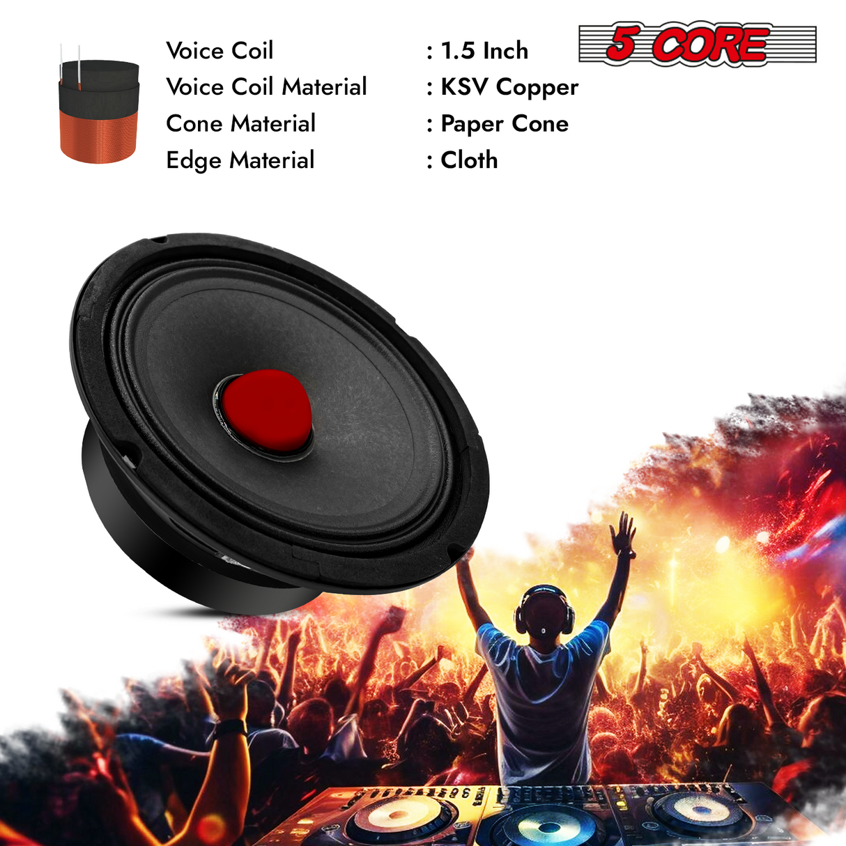 5Core 6.5 Inch Midrange Door Speaker 360W Subwoofer w Aluminum Bullet 8Ω Sub Woofer