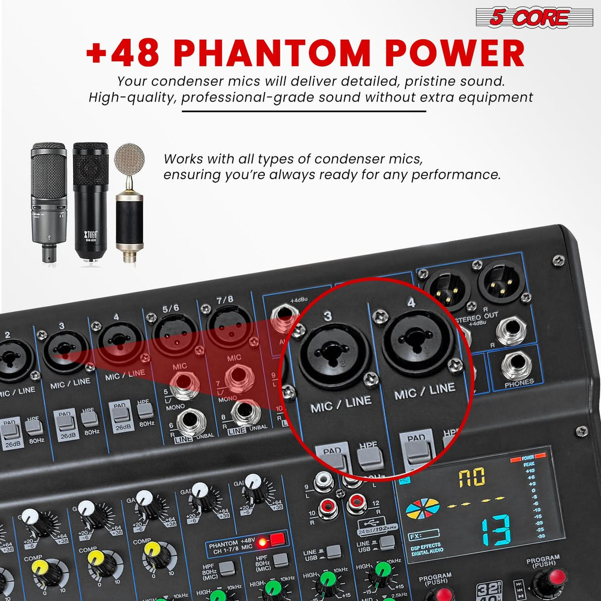 5Core Audio DJ Mixer 12 Channel Sound Board Console w 99 DSP Effect 48V Phantom Power